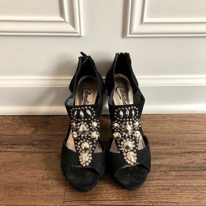 Beaded black suede heels